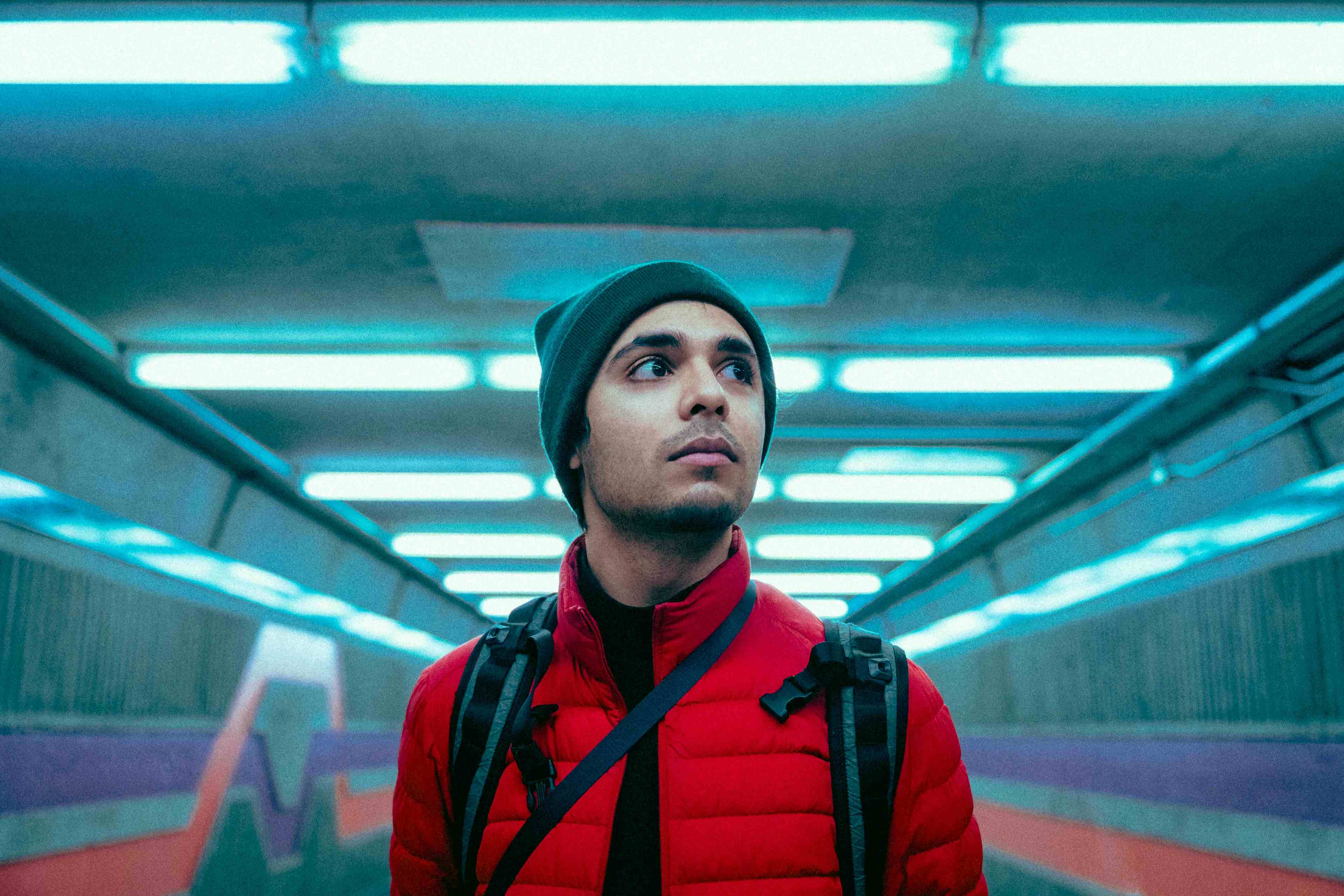 A cinematic photo of me standing in the Monteal metro